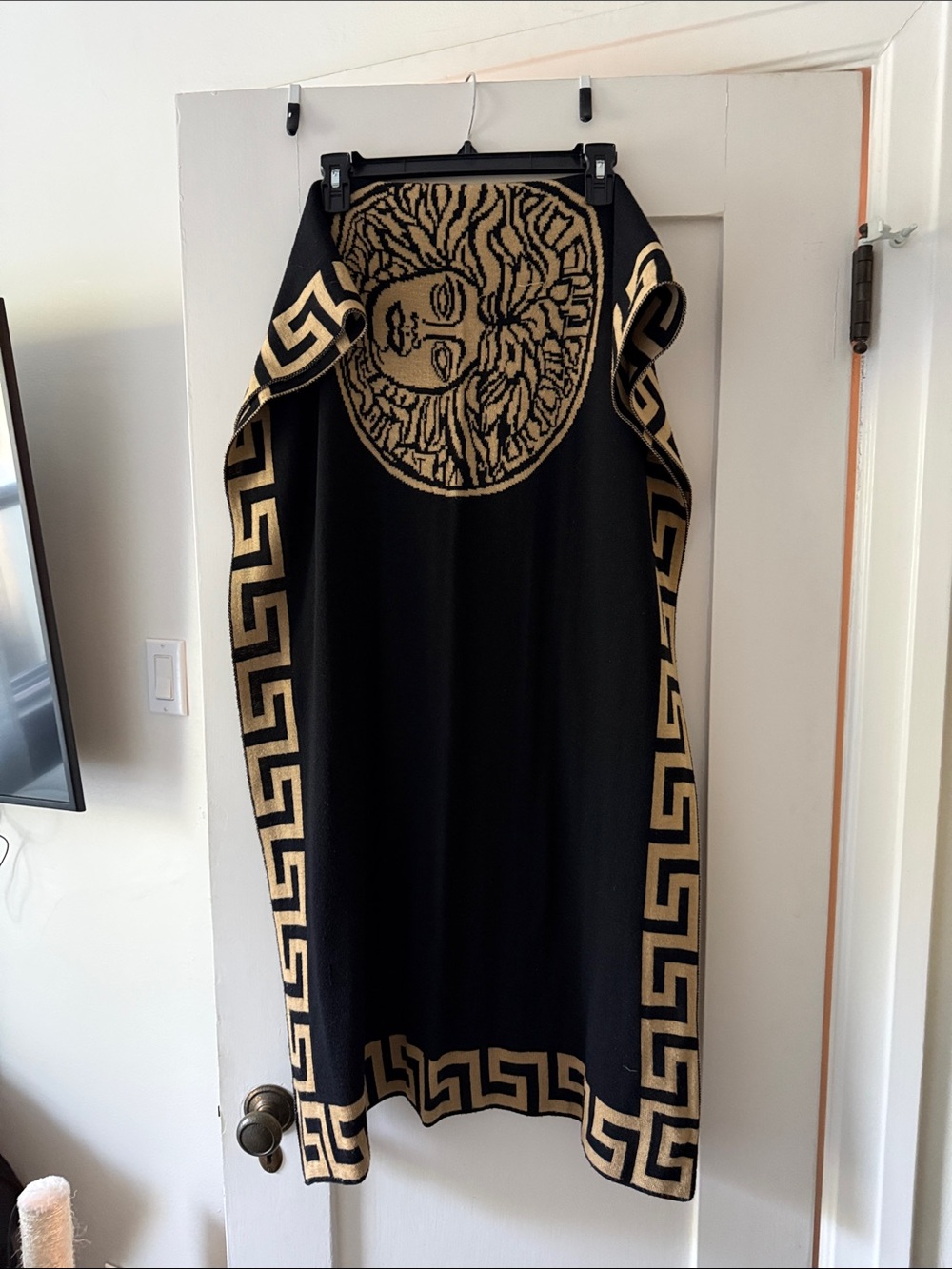 Black and Gold Medusa-Print Knit Wrap Scarf